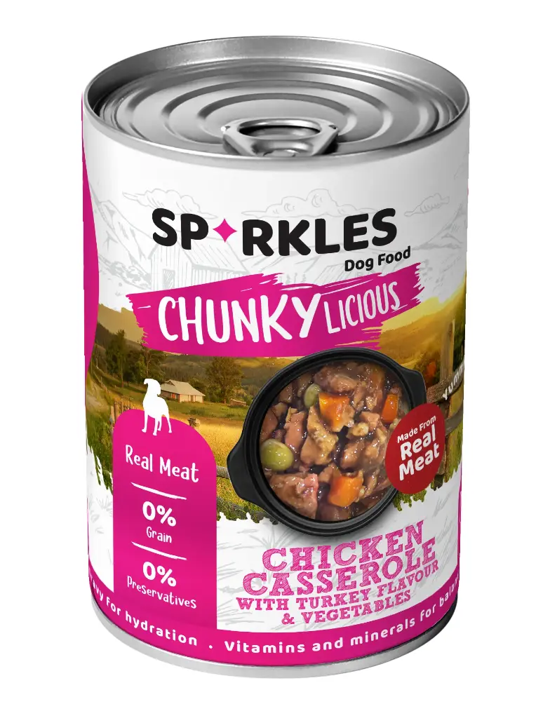 SPARKLES | DOG CANNED CHICKEN CASSEROLE WITH TURKEY FLAVOUR & VEGETABLES
IN GRAVY | 400g
